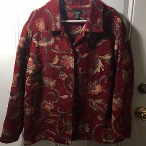 Portrait burgundy red tapestry look button up shirt type jacket size 1X